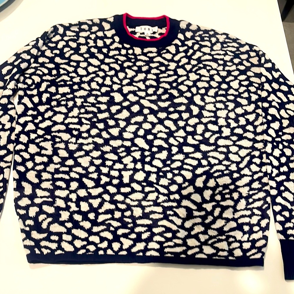 THML size S animal print sweater navy and navy/pink trim around collar